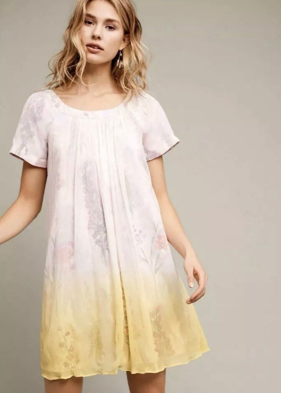 Anthropologie HD In Paris Floral Crhoma Dip Dye Ombre Crinkle Chiffon Dress 2